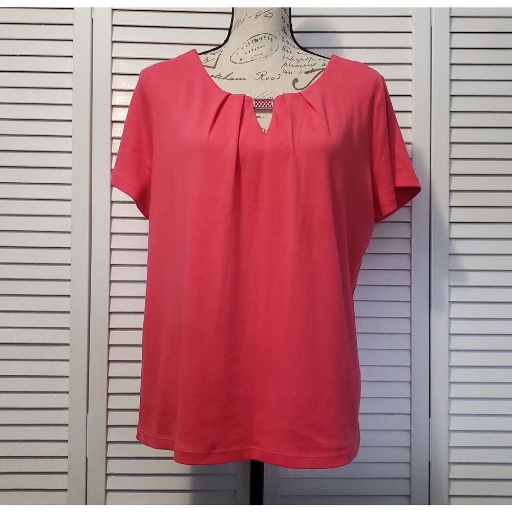 Rafaella Short Sleeve Blouse Women's Large Petite Coral‎ Pleated Neckline Top